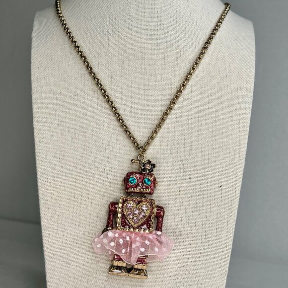 BETSEY JOHNSON Terrific Tutus Robot Girl Pendant Necklace with Heart Charm Rare - Picture 2 of 7